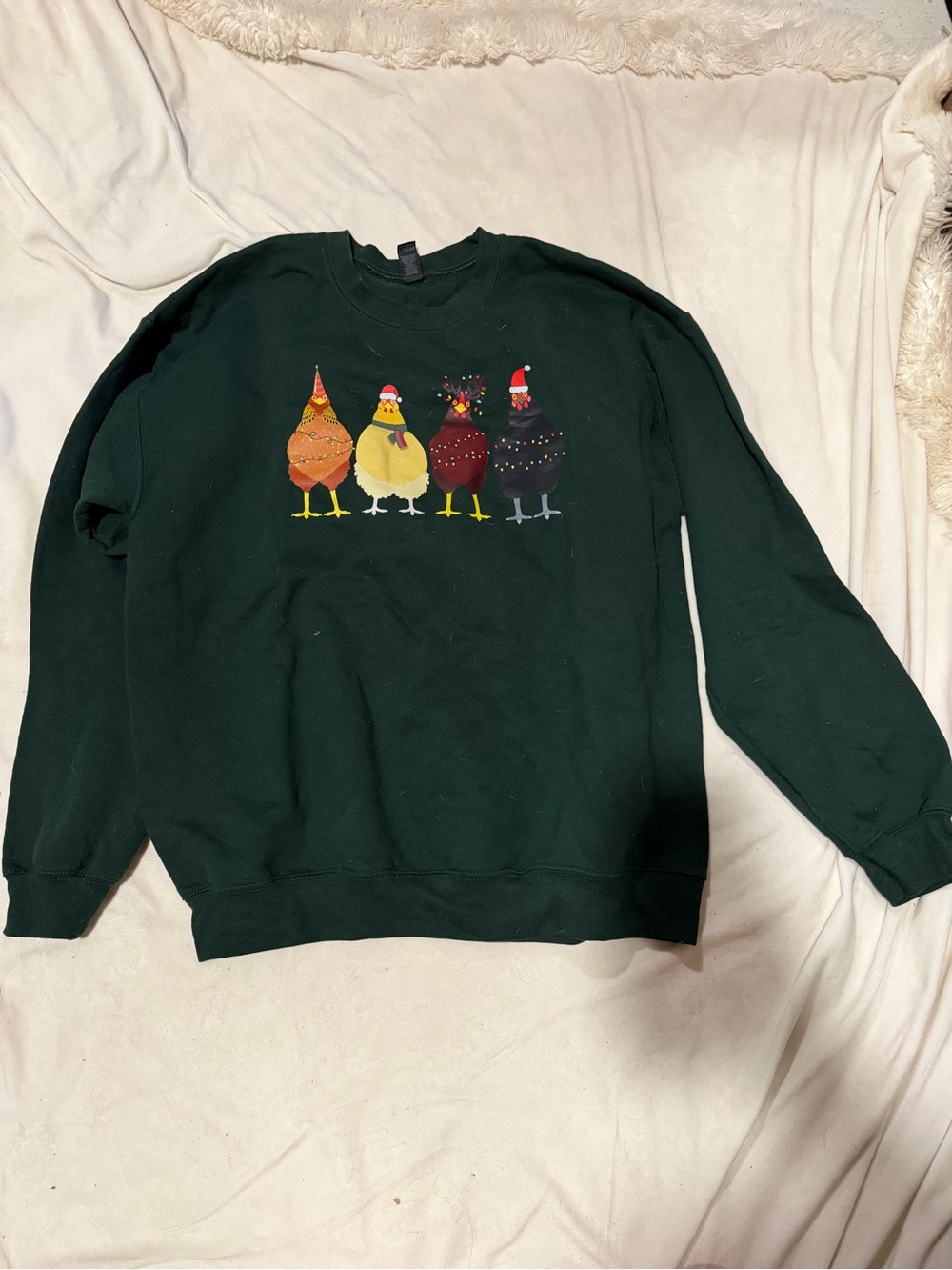 Dark Green Crewneck Sweater with Festive Chick Graphic